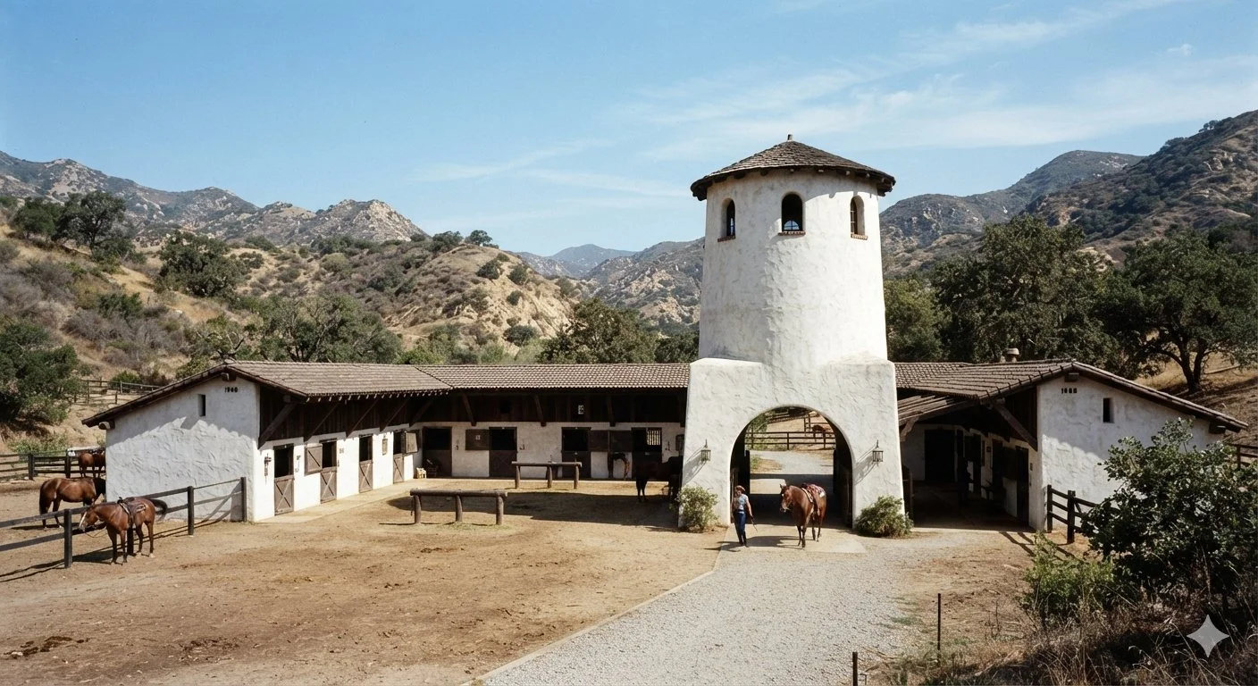 The 1968 Cliff May Associates stable barns and arched breezeway at the Bell Canyon Equestrian Center, 29 Baymare Road, Bell Canyon, Ventura County CATEGORIES / TAGS: none