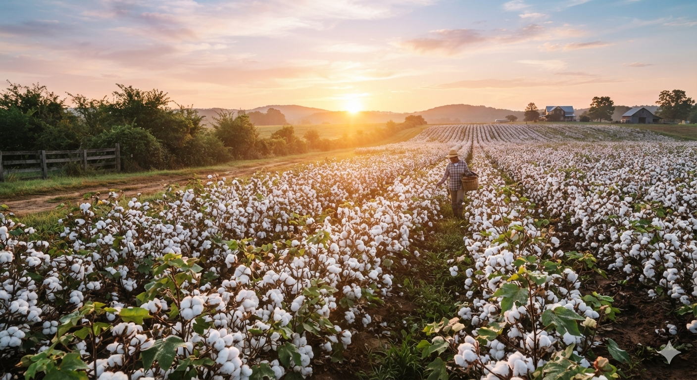 Farmer walking through a cotton field at sunset, carrying a basket, with rolling hills and farm buildings in the background.
