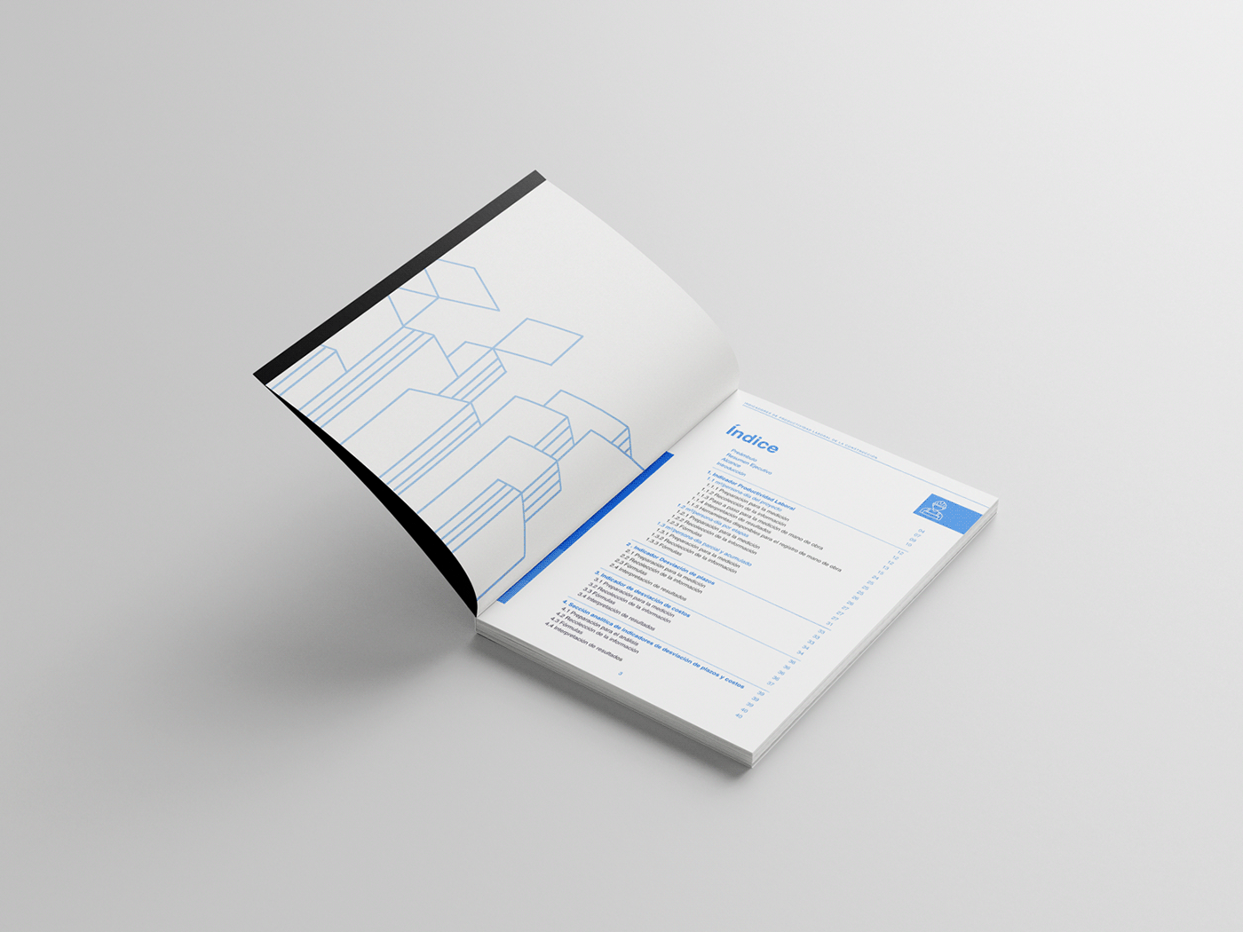 Libro abierto con contenido en español y gráficos en azul sobre un fondo blanco.