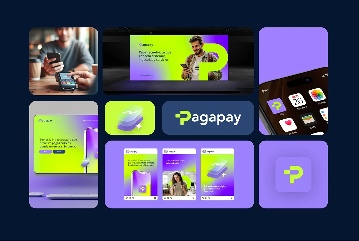 Colección de imágenes y logotipos relacionados con Pagapay, una infraestructura digital para pagos en industrias y servicios, incluyendo pantallas, smartphones, y material promocional en colores verde y morado.