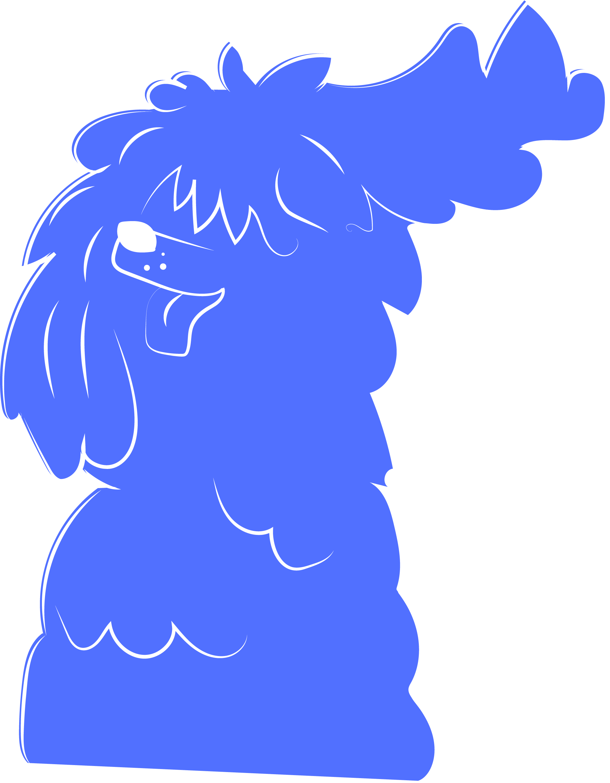 Dibujo de un perro de color azul con expresión feliz, orejas largas y un ojo con pupila blanca, estilo caricatura.
