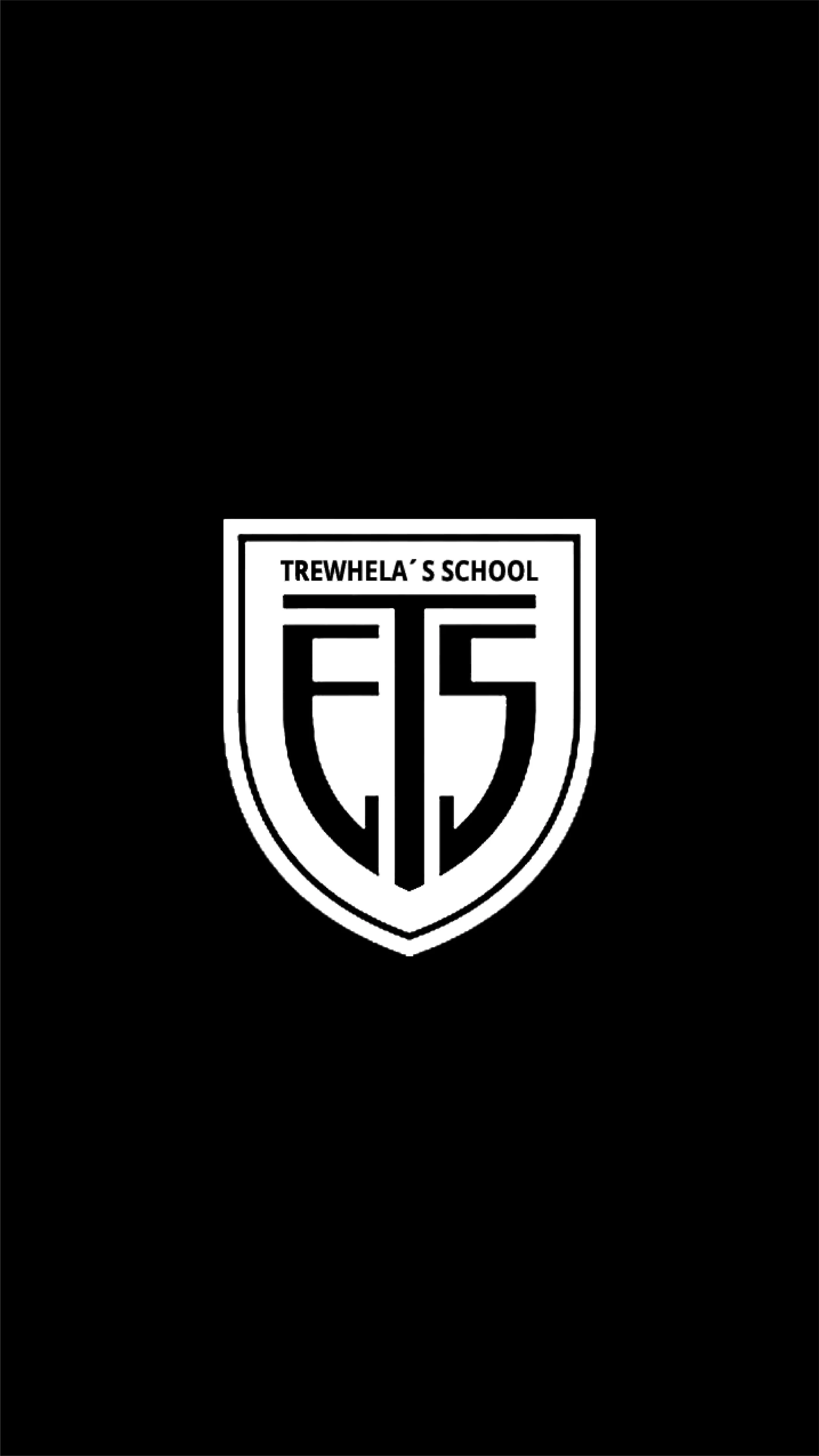 Escudo escolar en color blanco y negro con el texto 'Trewhela's School' en la parte superior y un símbolo en forma de 'T' en el centro.