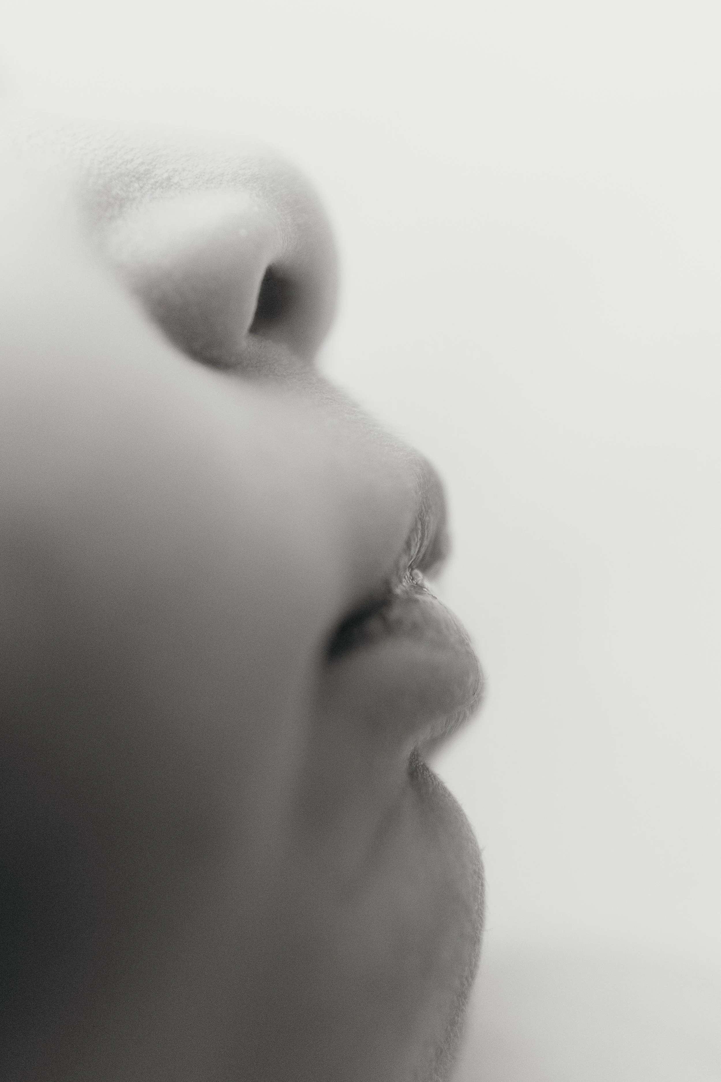 Close-up black and white photograph of a person's nostril and part of the upper lip, with shadows and soft focus.