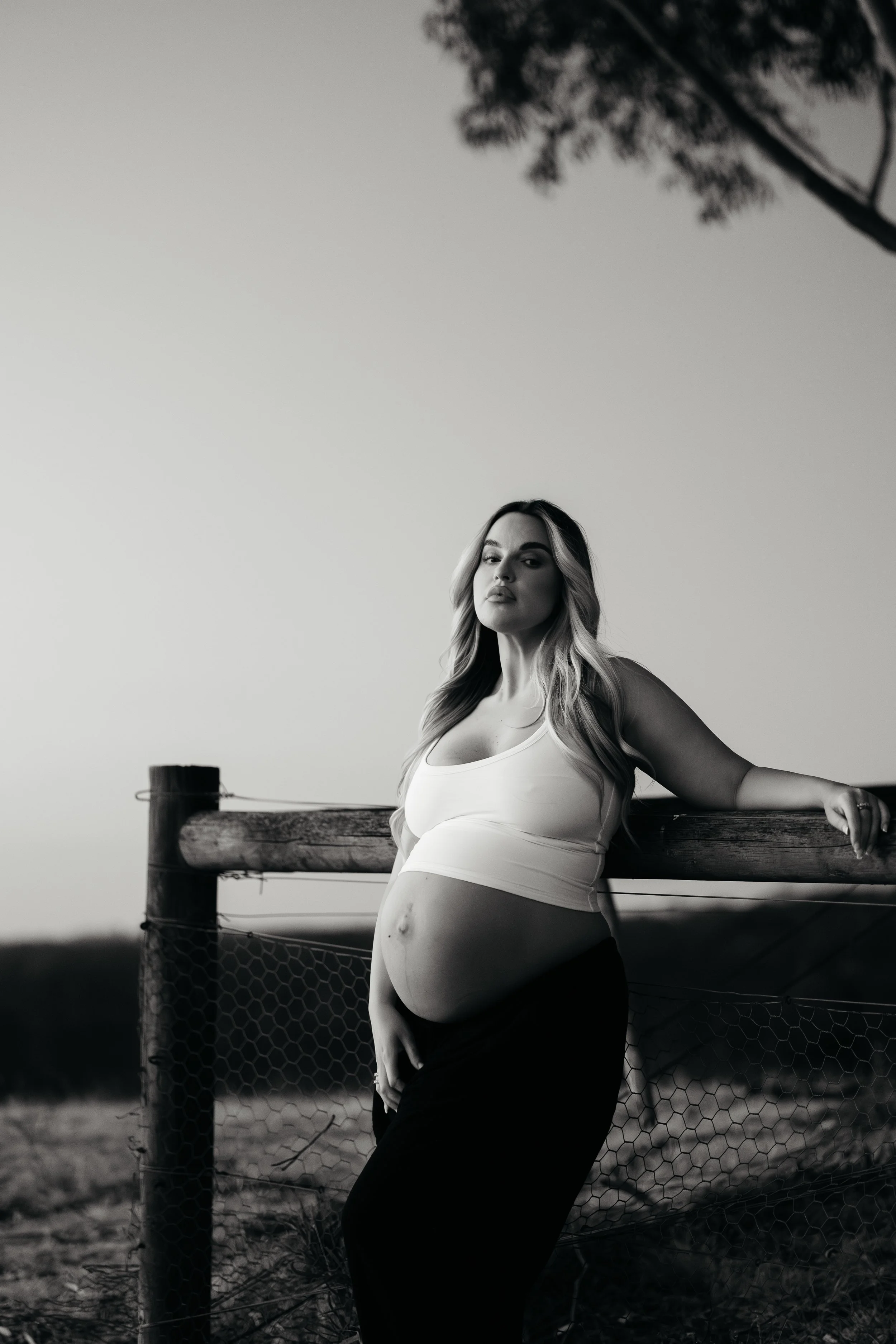 A pregnant woman with long wavy hair, wearing a white tank top and black pants, leaning against a wooden and wire fence outdoors during sunset or sunrise, with trees and an open field in the background.
