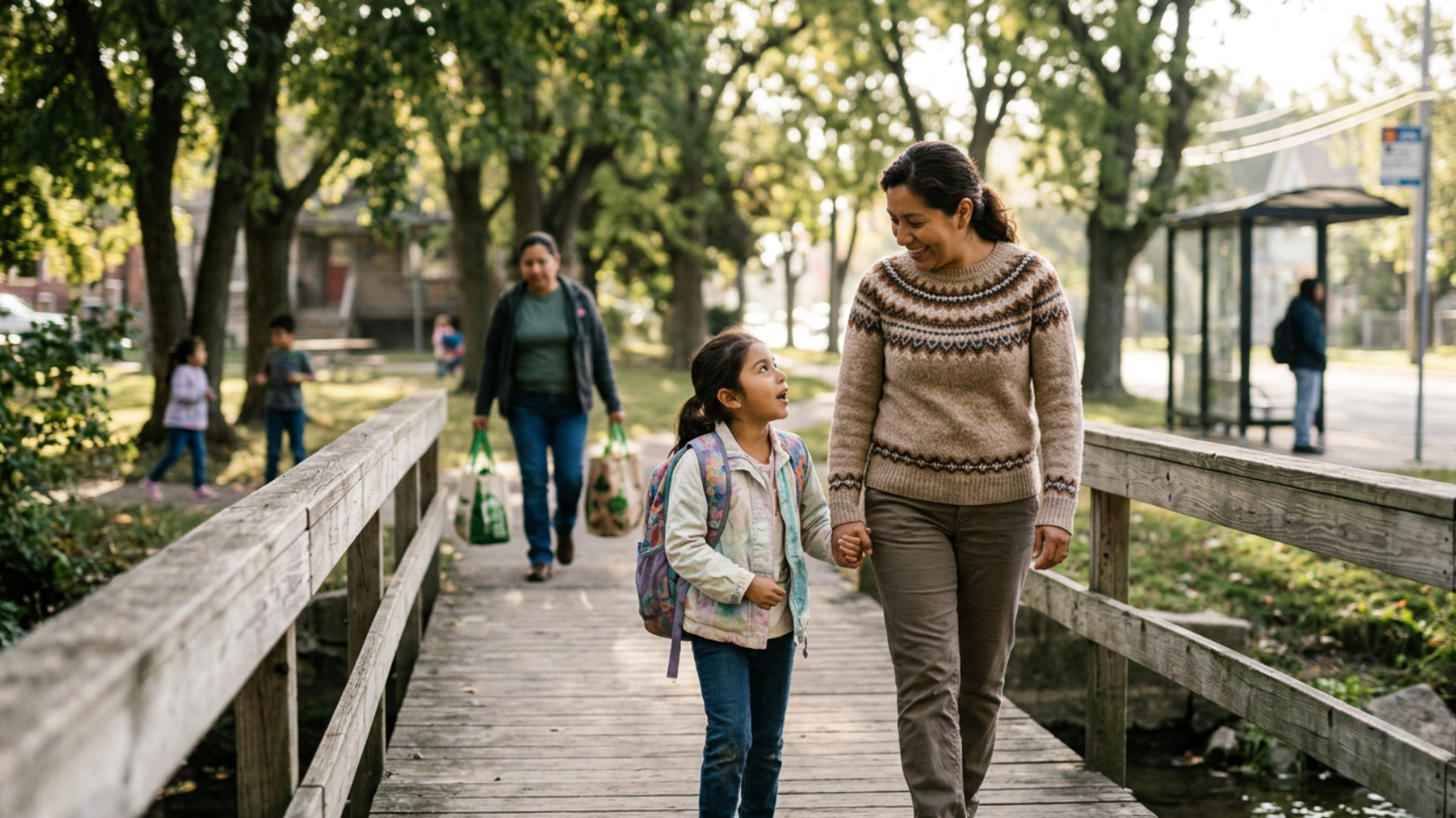 A woman and a young girl holding hands and walking on a wooden bridge in a park, smiling at each other. In the background, other people and children are walking and playing among trees.