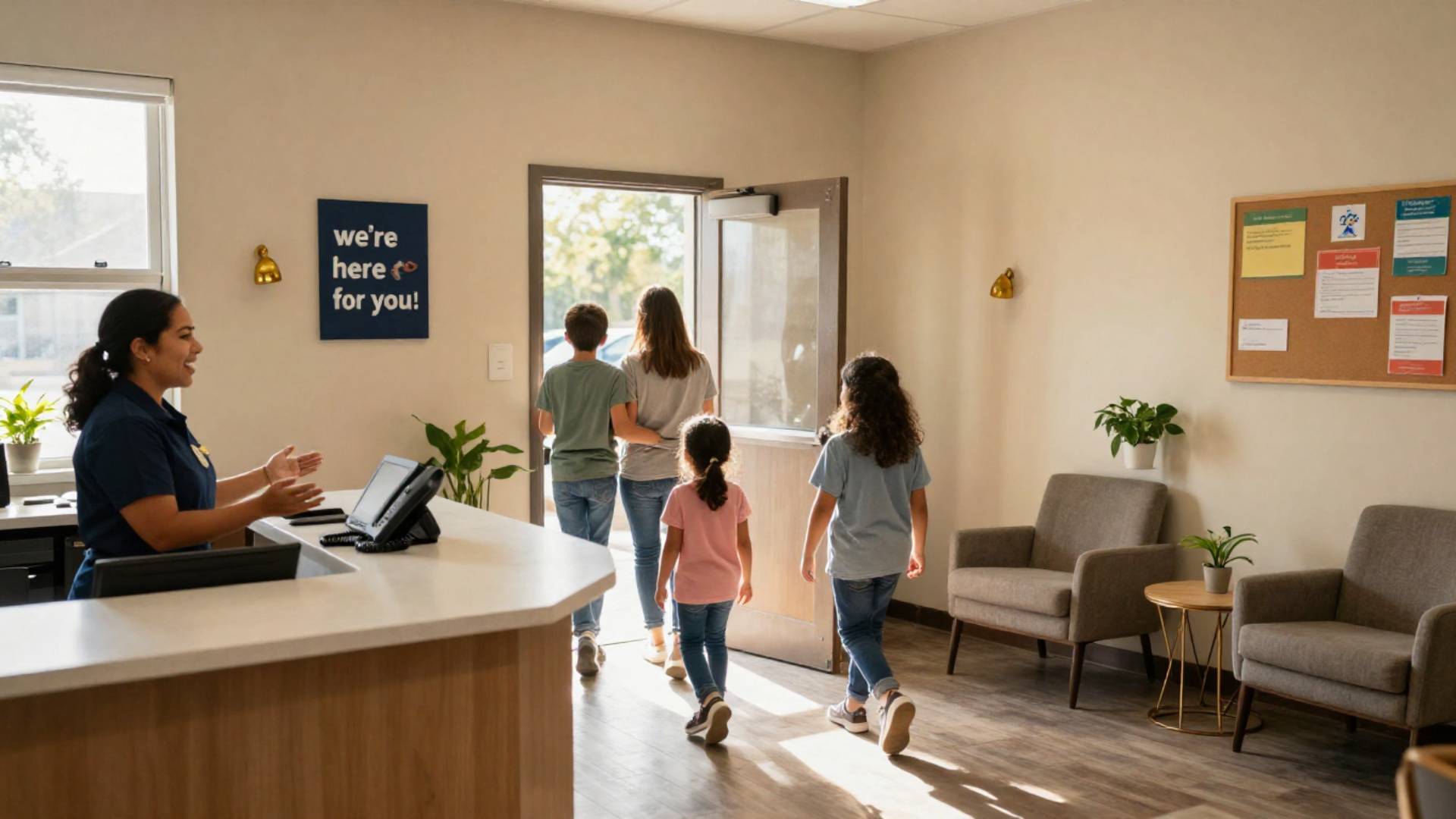 A woman is smiling and talking behind a reception counter in a waiting area with three children entering through an open door. The waiting area has beige walls, two potted plants, and office chairs, with a bulletin board on the wall.