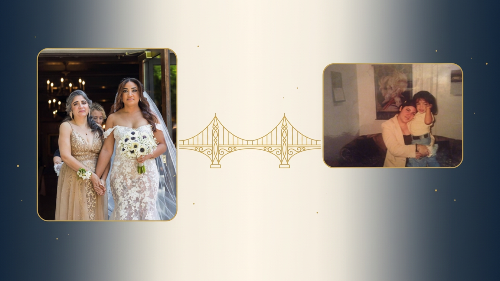 A collage of two photos on a decorative background featuring a bridge illustration. The left photo shows a bride in a white lace wedding dress holding a bouquet, standing with an older woman in a gold dress and a young girl in a black dress. They are indoors, possibly at a wedding reception. The right photo is a vintage picture of a woman in a beige blazer holding a young girl in a white top and jeans, both smiling and sitting on a couch.