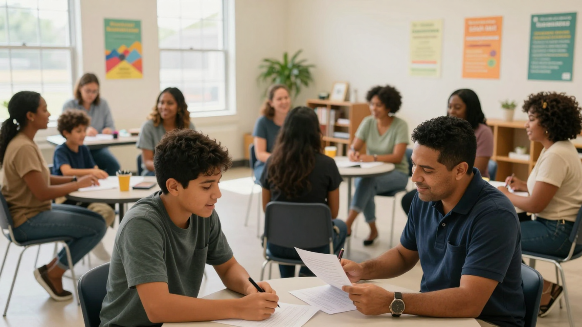 A diverse group of people in a classroom setting, with some sitting at tables and others in the background. They appear to be engaged in a discussion or activity, with notes and papers on the tables.