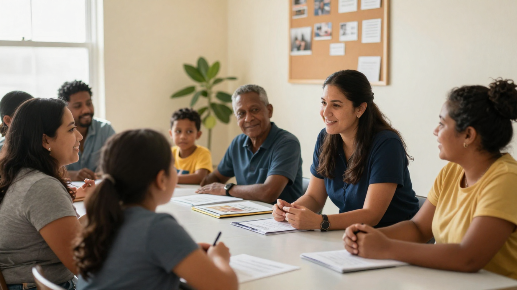 Group of diverse people sitting around a table in a meeting or discussion in a well-lit room with a bulletin board on the wall.