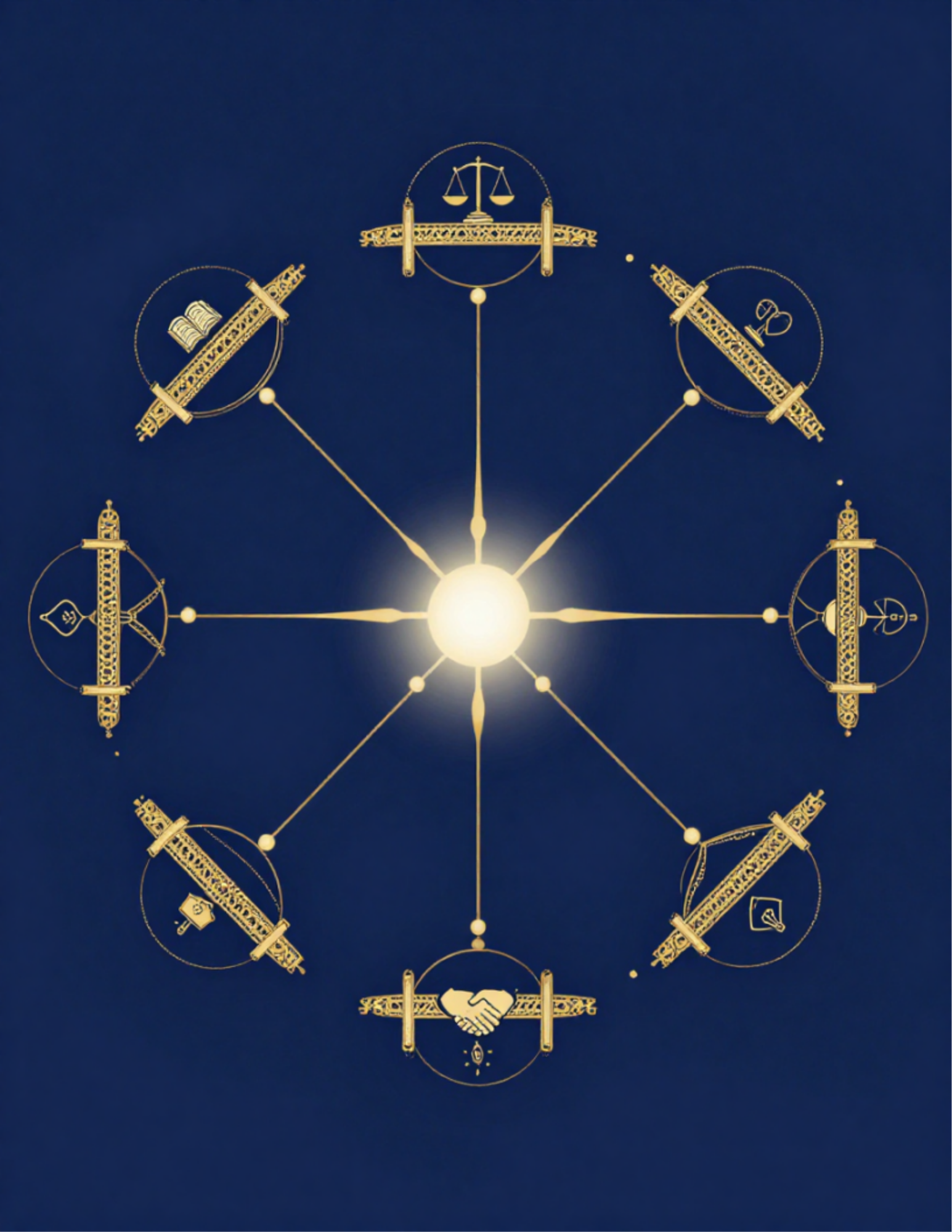 A celestial mechanical model depicting symbols of justice and law, including a balanced scale, a scroll, a book, a heart, and a handshake, all connected by intricate golden structures on a dark blue background.