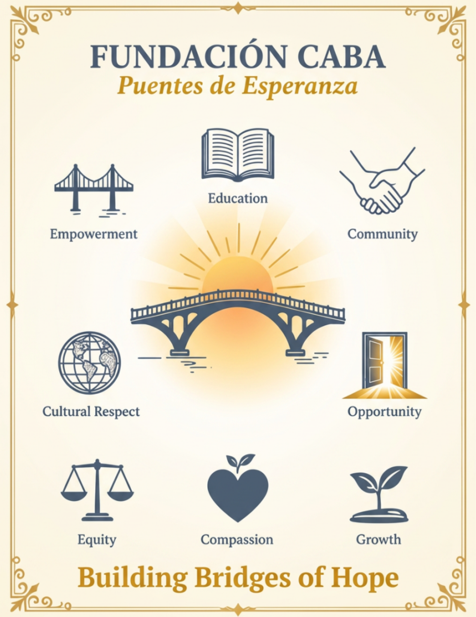 A decorative poster with text and icons about building hope through empowerment, education, and community. Features icons of a bridge, open book, handshake, globe, scales of justice, heart, and sprouting plant. The bottom has the text "Building Bridges of Hope."