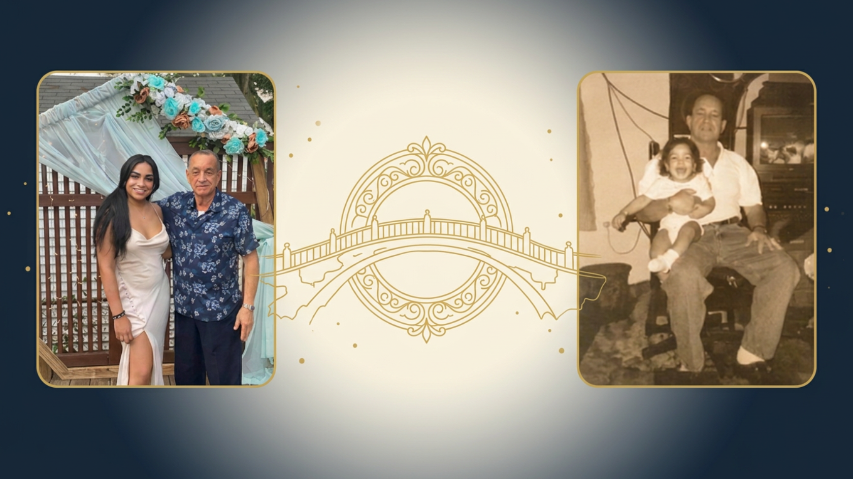 Side-by-side images of a younger man holding a girl on a swing and an older man standing next to a young woman, with a decorative golden bridge illustration in the center and a dark background.