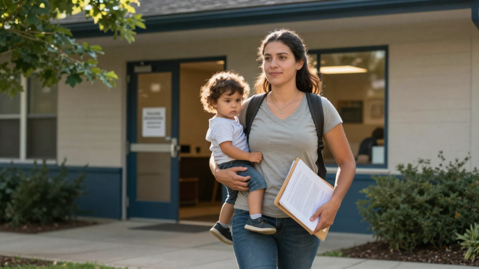 A woman carrying a young child while walking out of a building with blue door frames and windows, holding some papers, with bushes and a tree in the foreground.