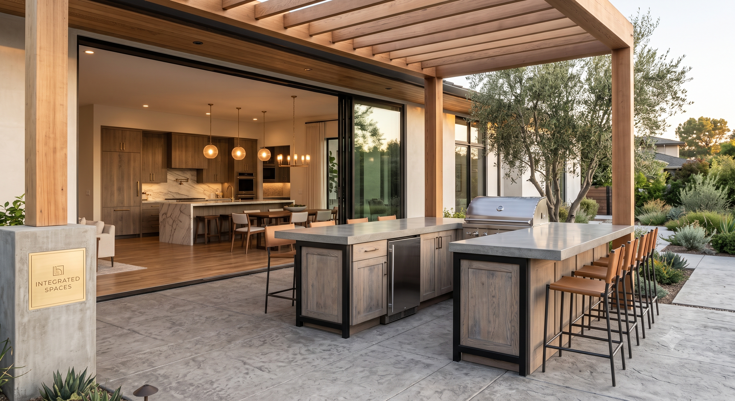 An outdoor kitchen and dining area with a covered patio, wooden beams, a built-in grill, a dining table, and surrounding lounge chairs, overlooking a garden with trees and shrubs.