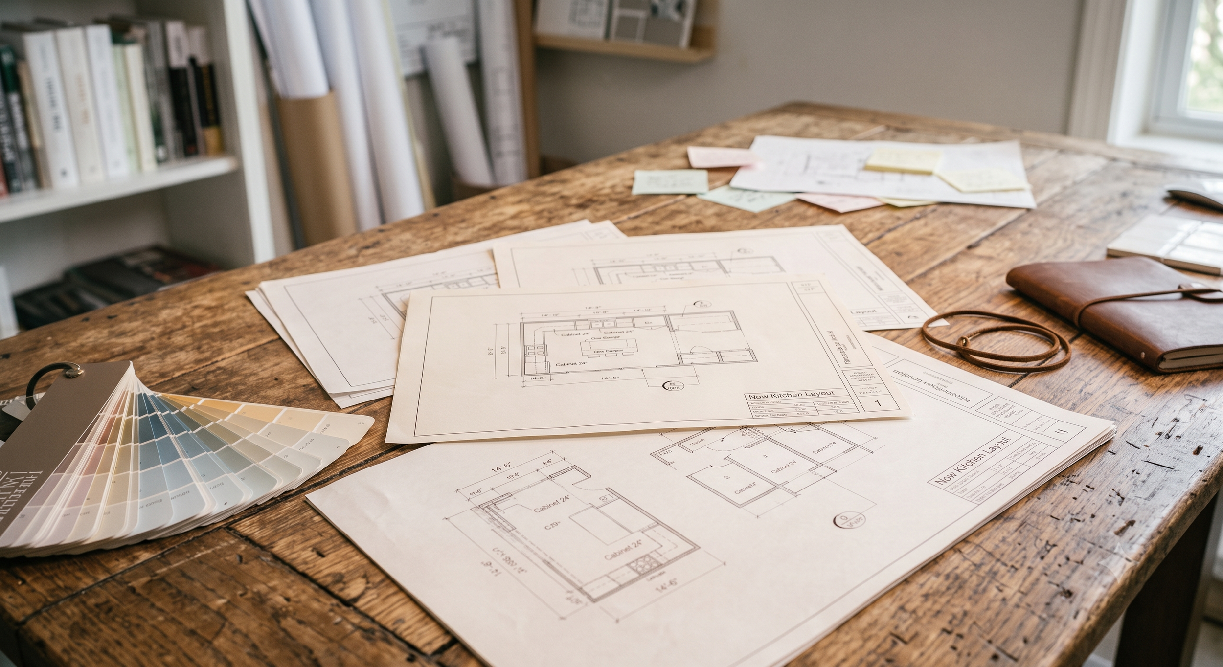 Architectural blueprints and color samples spread out on a rustic wooden table, with various papers, a leather notebook, and a color palette fan.