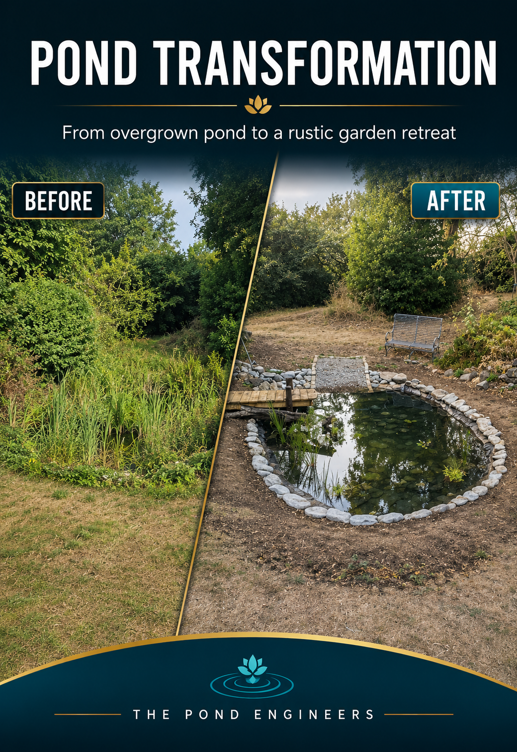 Side-by-side comparison of a pond before and after landscaping. The 'before' shows overgrown grass and plants, while the 'after' features a clean, small pond with rocks around it, a wooden bridge, and a bench nearby.