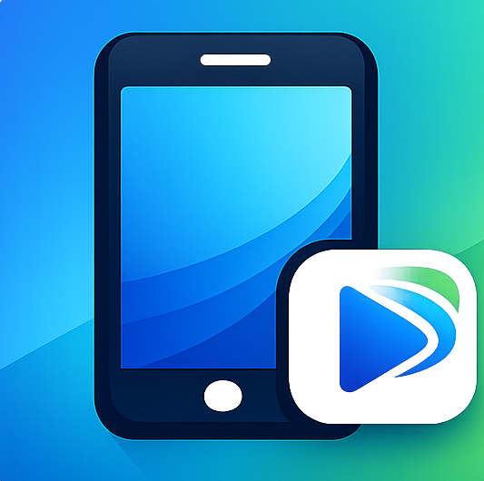 Smartphone with a blue screen and a media player icon overlay