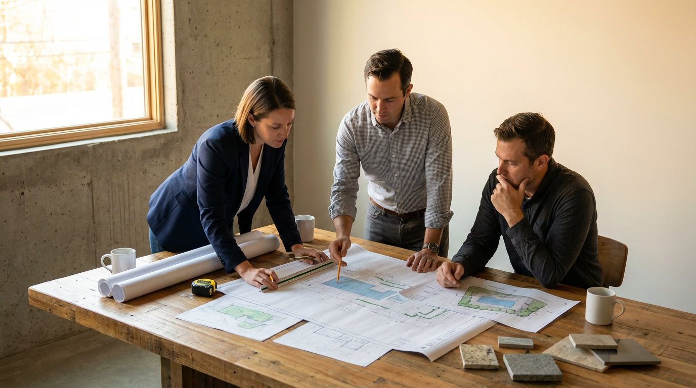 Three architects or designers reviewing blueprints and physical samples of materials on a wooden table in a well-lit office.