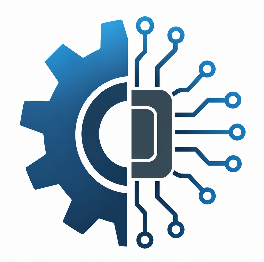 A graphic combining a gear and a circuit board with a central circuit icon, representing technology and engineering.
