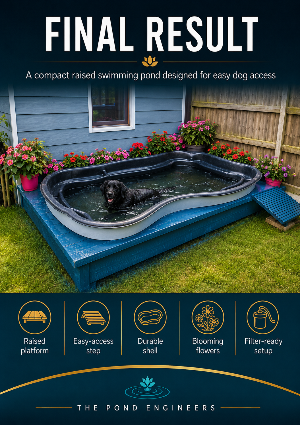 Final result of a compact raised swimming pond designed for easy dog access, with a black dog swimming inside. The pond is surrounded by colorful blooming flowers and set on a raised blue platform, with an easy-access step and filter-ready setup.