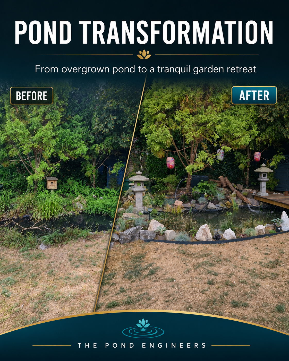 Side-by-side comparison of a pond before and after landscaping transformation. The 'before' shows overgrown plants and a small pond surrounded by weeds, while the 'after' features a well-maintained pond with decorative stones, lanterns, and a clean, landscaped area.