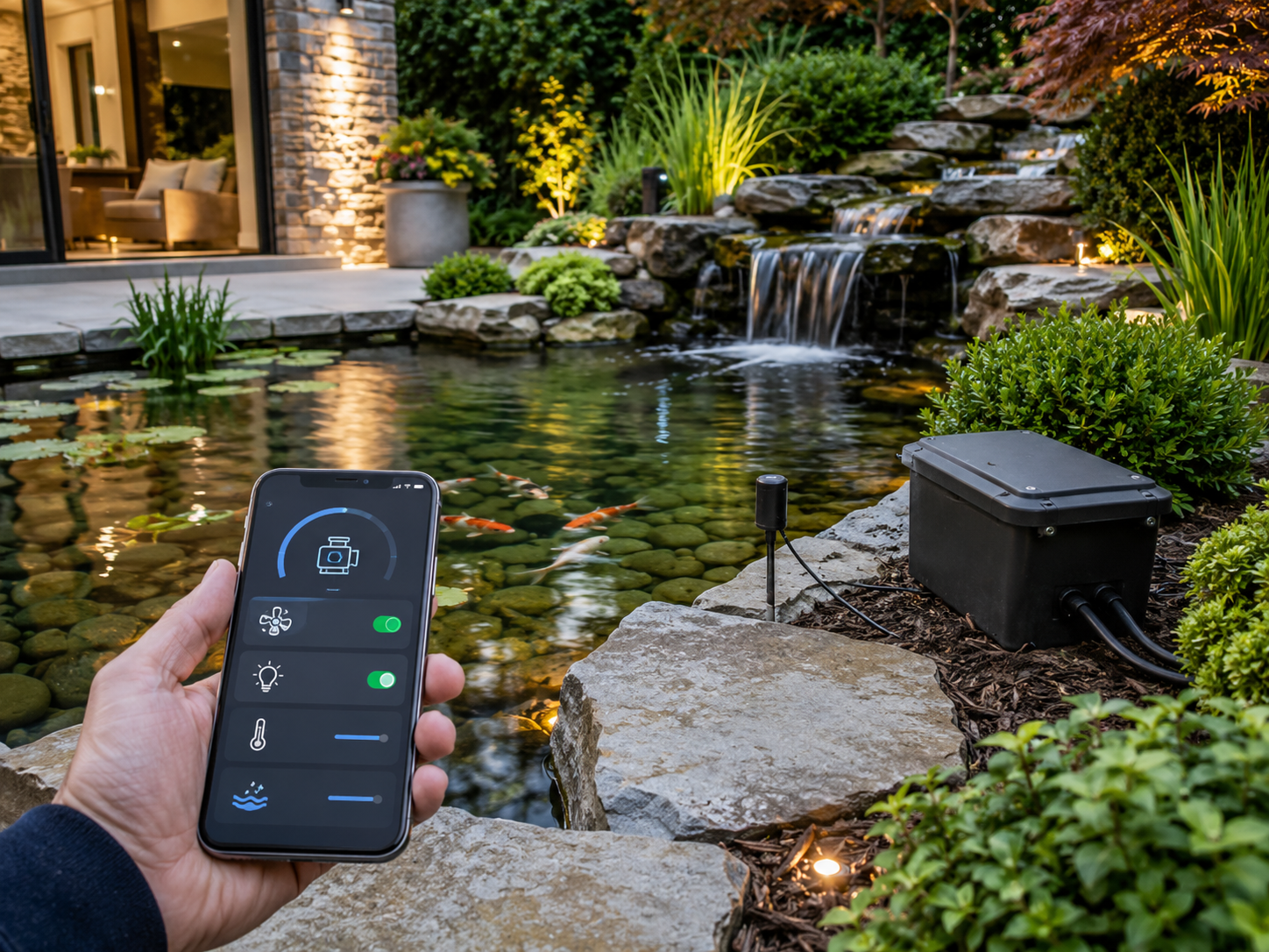 A person controls outdoor pond lighting and fountain with a smartphone app, surrounded by a landscaped backyard with rocks, plants, and a water feature.