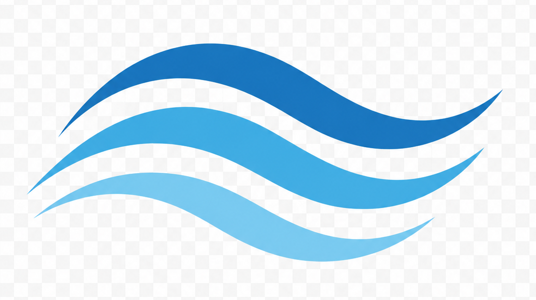 Four stylized blue waves, each lighter in shade from top to bottom, on a transparent background.