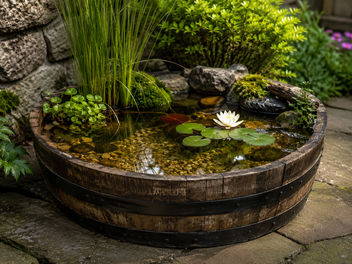 A round wooden garden fountain with lily pads and a blooming white water lily, surrounded by green plants and rocks.