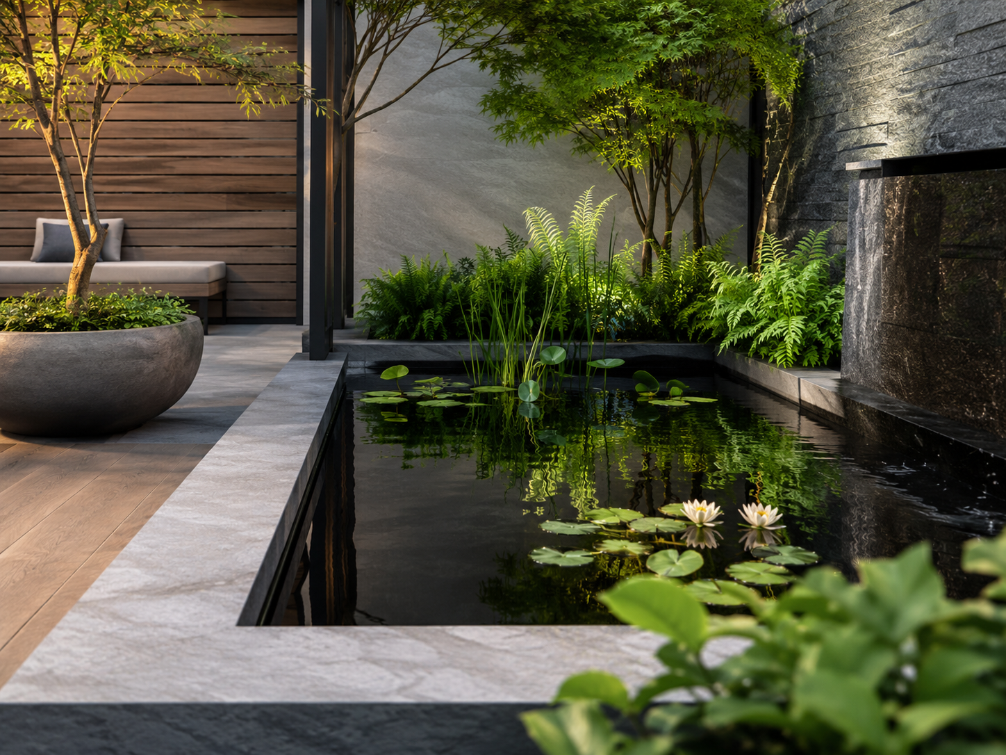 Modern outdoor garden with a small pond, water lilies, surrounded by lush plants and trees, with sitting area in the background.