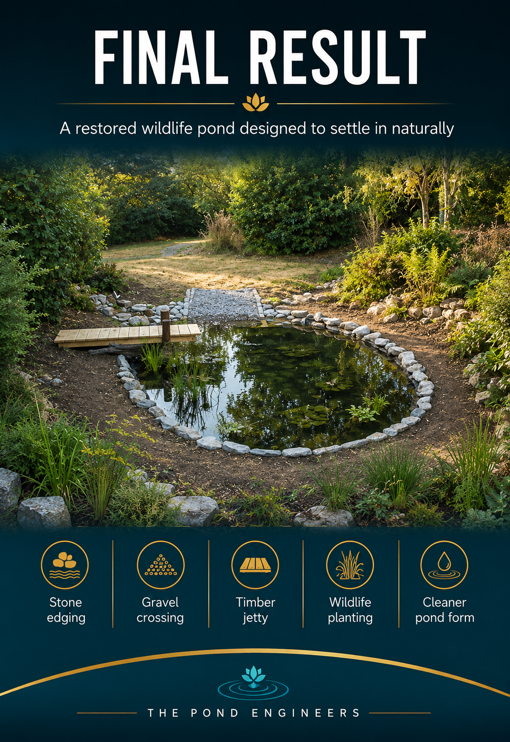 An infographic showing the final result of a wildlife pond with a stone-edged, natural appearance, surrounded by lush greenery. It highlights features including stone edging, gravel crossing, timber jetty, wildlife planting, and cleaner pond form, created by The Pond Engineers.