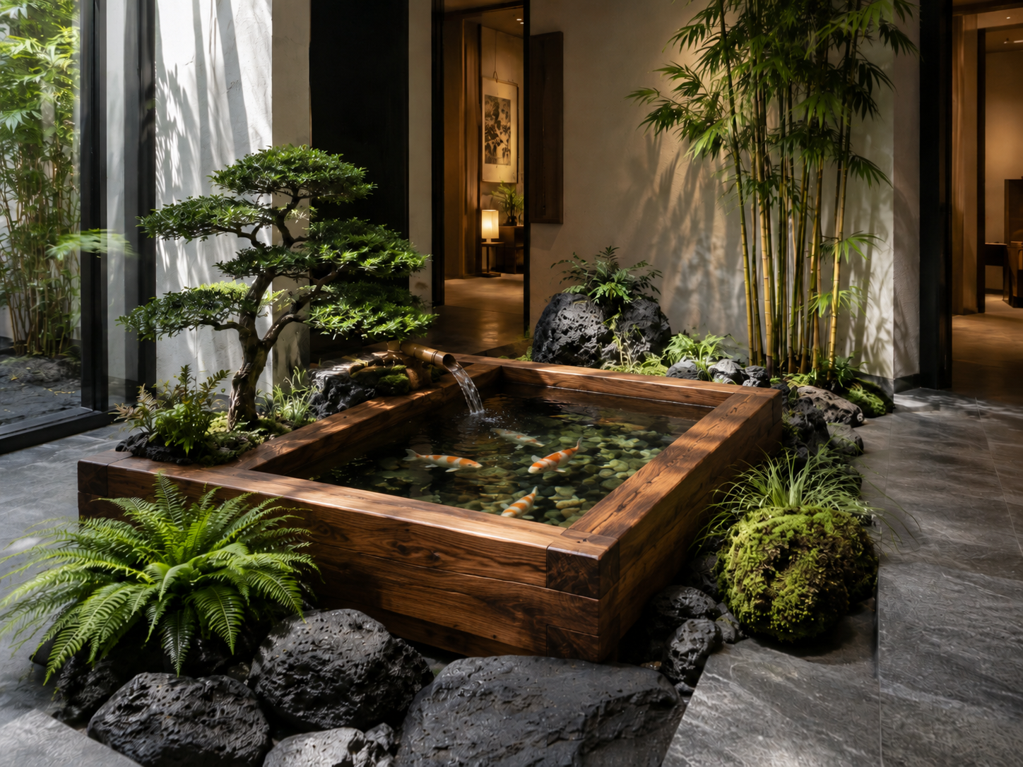 Indoor Japanese-style garden with a koi pond, rocks, lush green plants, bamboo, and a small waterfall feature within a modern room.