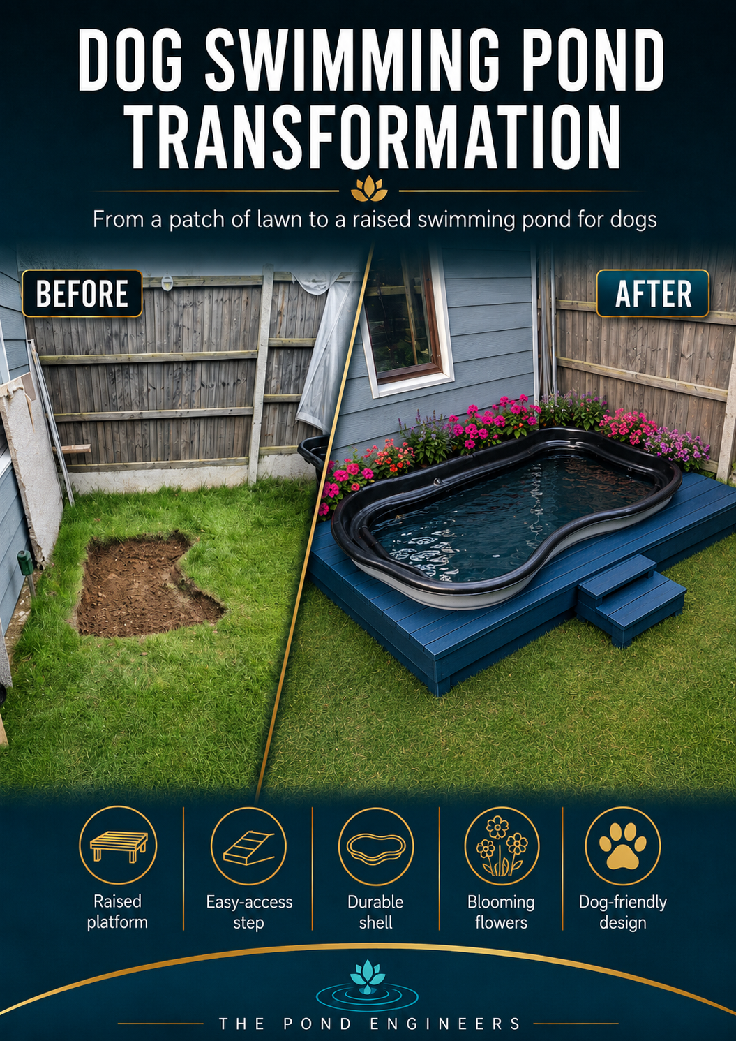 Comparison of a backyard before and after the installation of a raised dog swimming pond. The left side shows an patch of lawn with a hole, and the right side shows a blue deck with a black pond, surrounded by blooming flowers. Icons indicate features like raised platform, easy access step, durable shell, blooming flowers, and dog-friendly design.