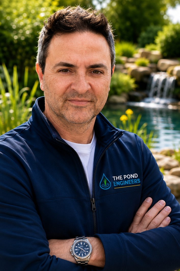 A man standing outdoors with arms crossed, wearing a navy blue jacket with 'The Pond Engineers' logo, in front of a pond with rocks, water, and greenery.