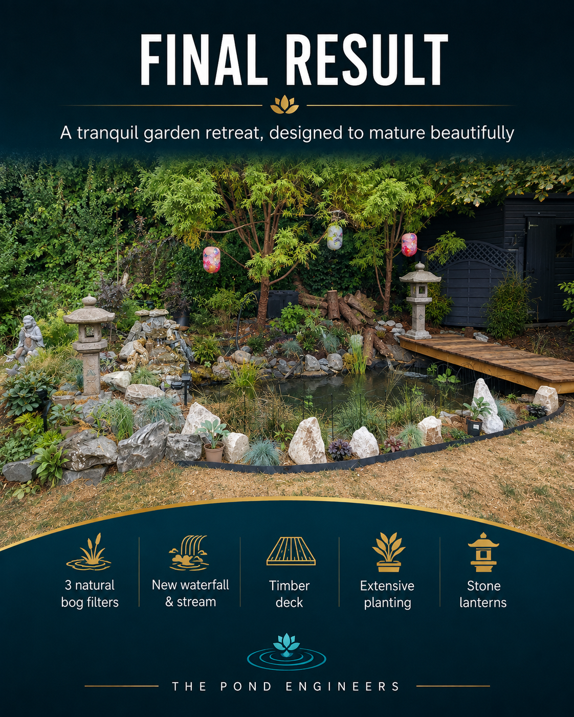 Information about a garden retreat's final result, featuring a pond with natural bog filters, waterfall, stream, timber deck, extensive planting, and stone lanterns.