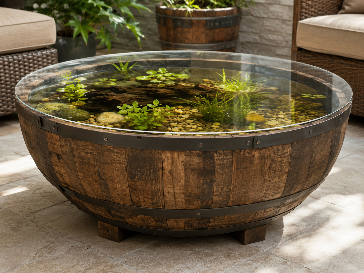 Round wooden water feature with aquatic plants, rocks, and stones, situated outdoors on a patio, surrounded by patio furniture.