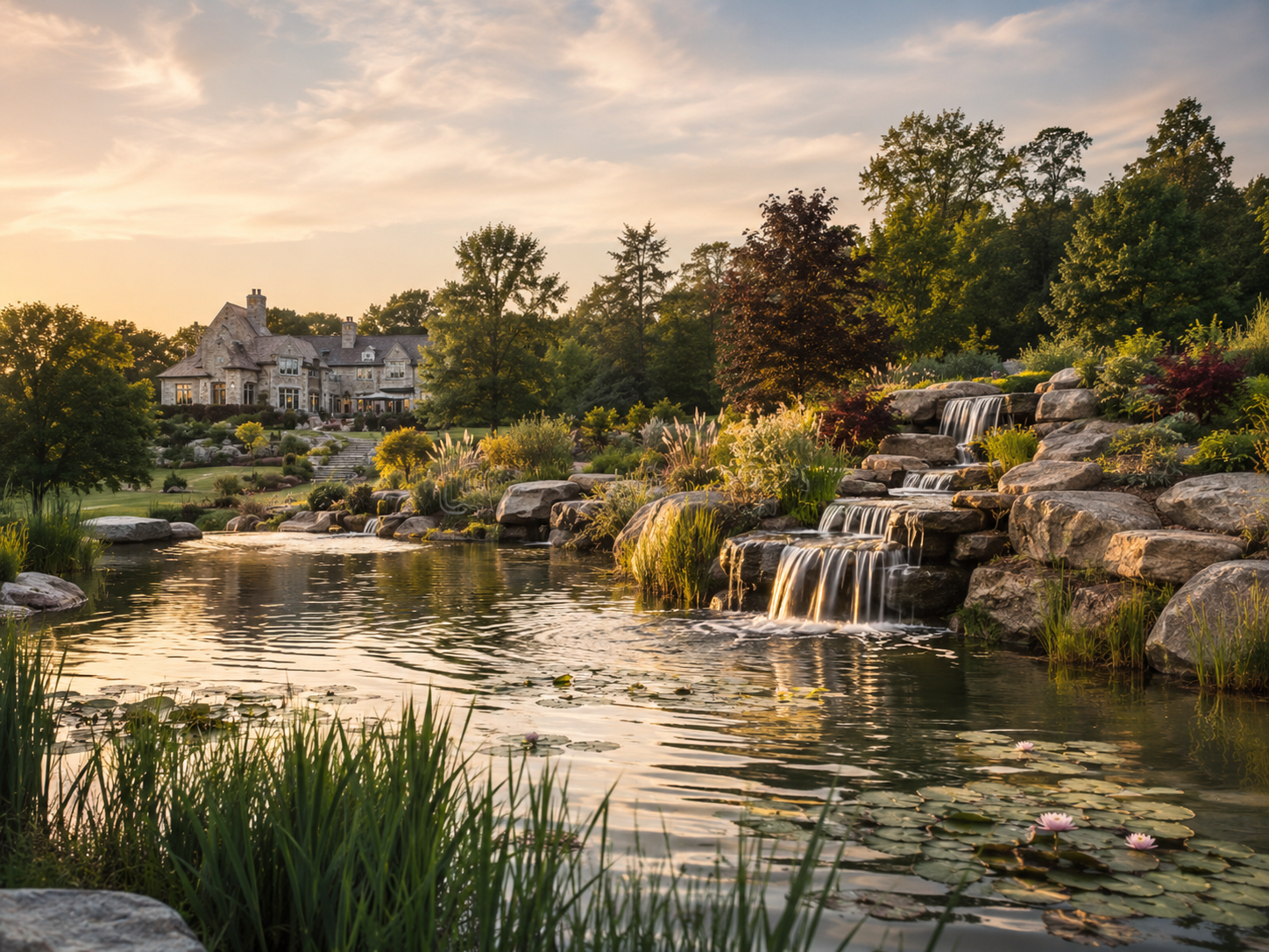 A beautiful estate with a large stone house, surrounded by lush greenery, a pond with water lilies, and a cascading waterfall.