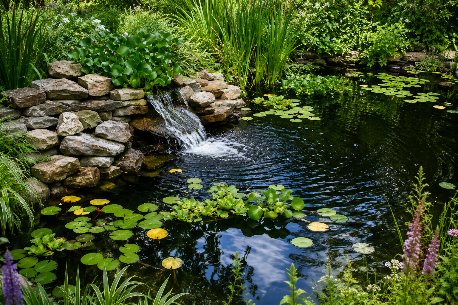 A pond with lily pads, surrounded by lush green plants and flowers, and a small waterfall flowing over rocks.