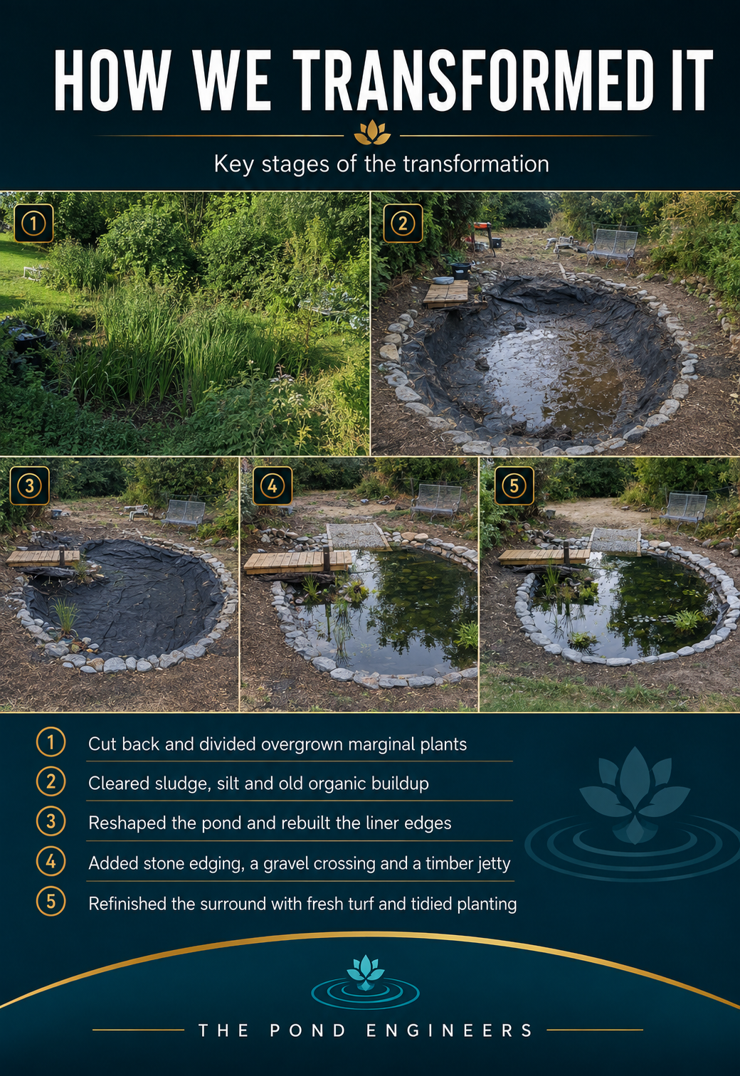 A step-by-step diagram showing the transformation of a pond, including stages of cutting back plants, clearing sludge, reshaping, adding stone edging, and planting. Each step includes a photo of the pond's progress.