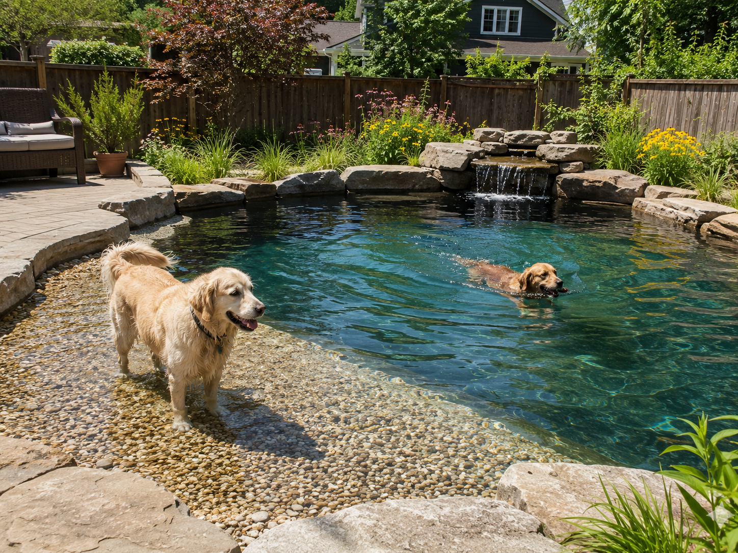 Two dogs enjoying a backyard pool on a sunny day, surrounded by plants and flowers, with a wooden fence and house in the background.