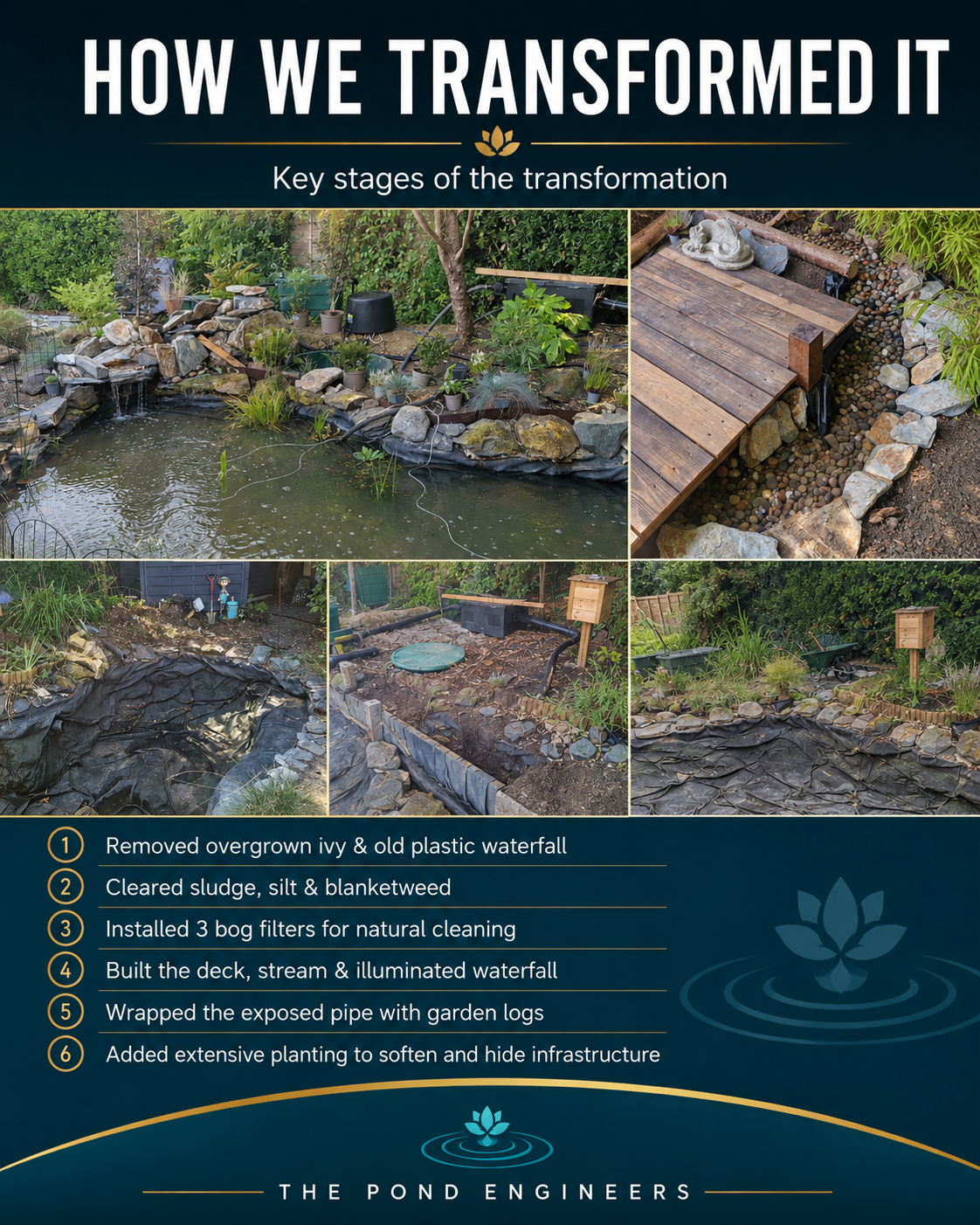 A graphic showing the key stages of transforming a pond into a landscaped water feature with steps including removing old waterfall, clearing debris, installing filters, building a deck and waterfall, wrapping exposed pipes with logs, and planting. Includes photos of each stage with a dark blue background and white text.