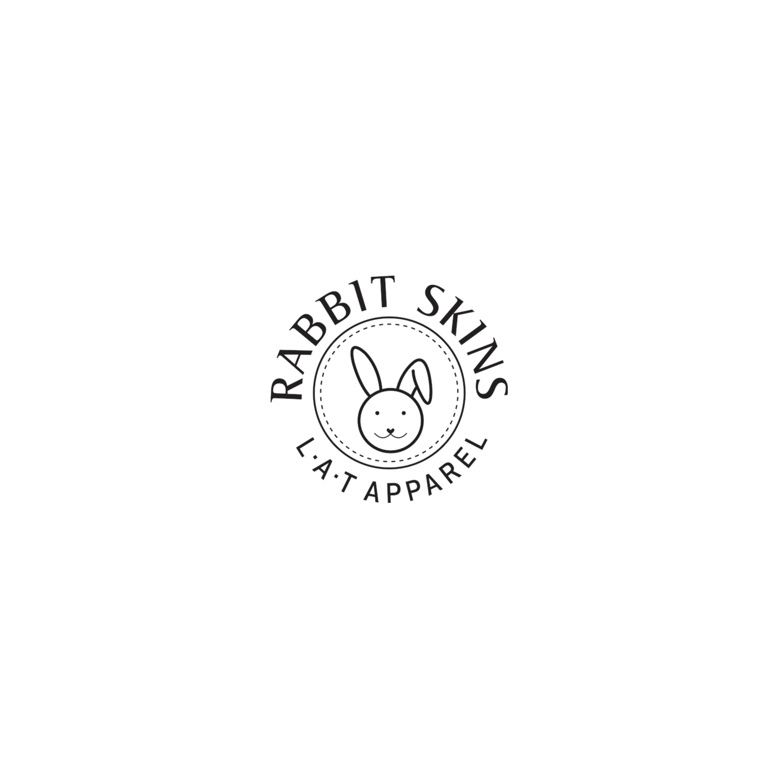 Black background with the white outline of a rabbit's face and text that reads 'Rabbit Skins Apparel'.