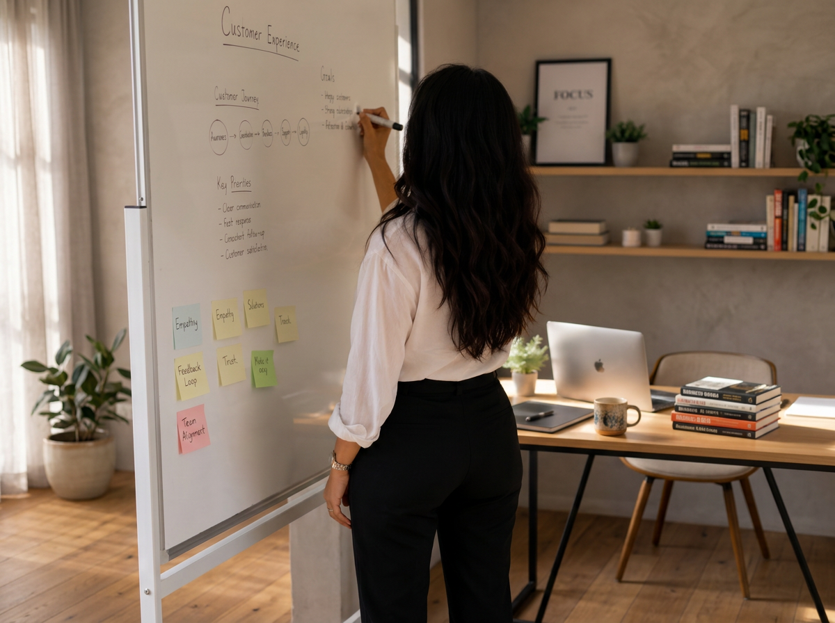 Woman writing on a whiteboard in an office with a desk, laptop, books, plants, and shelves in the background.