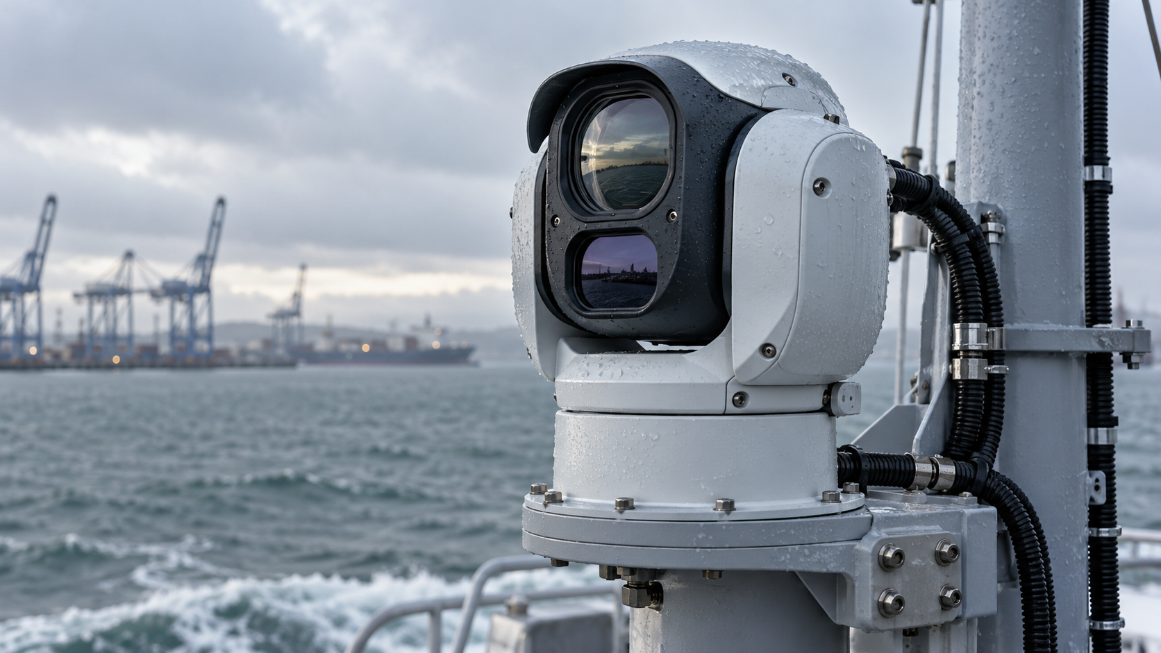 Marine EO/IR gimbal overlooking sunlit water and a distant vessel
