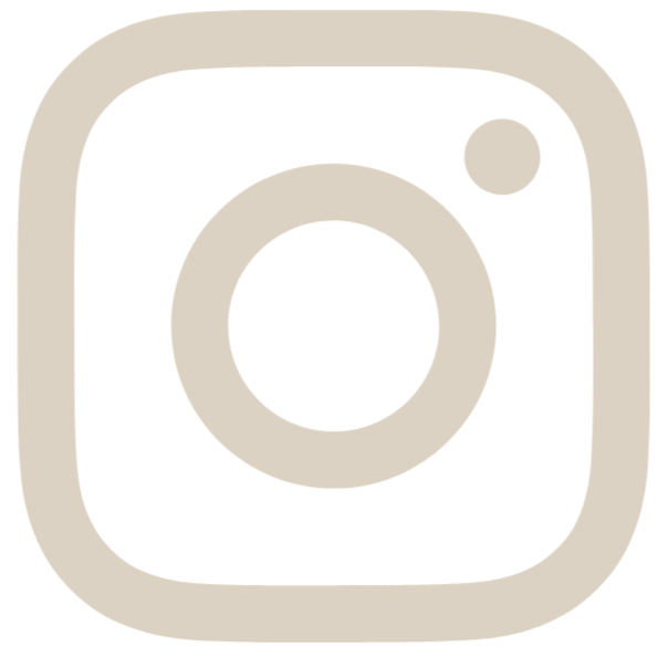 Instagram logo with a rounded square shape, a circle in the center, and a small circle in the top right corner, all in a beige color.