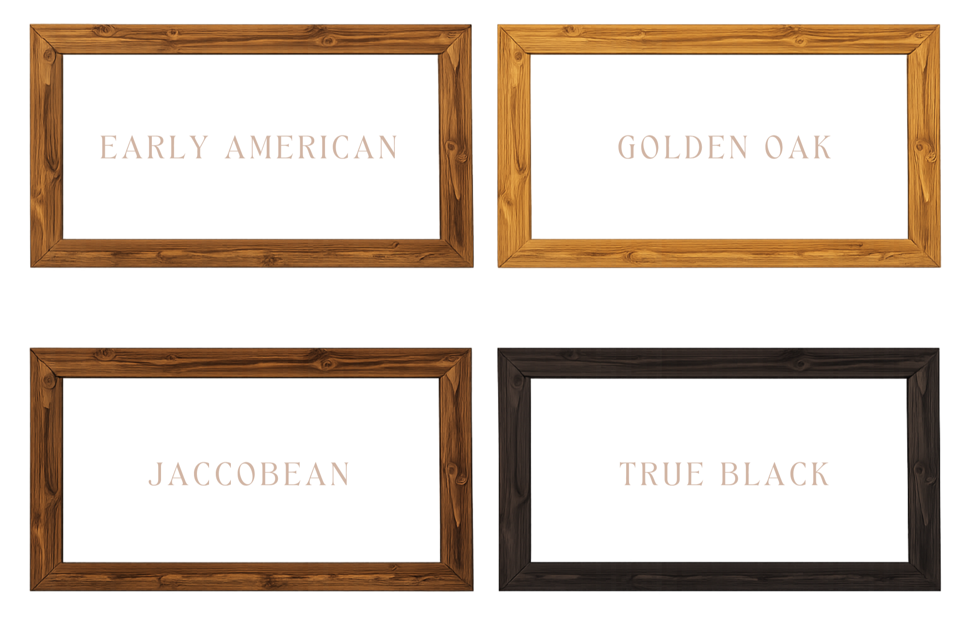 Four empty picture frames with wooden borders, arranged in a grid pattern on a black background, with two frames on the top row and two on the bottom.