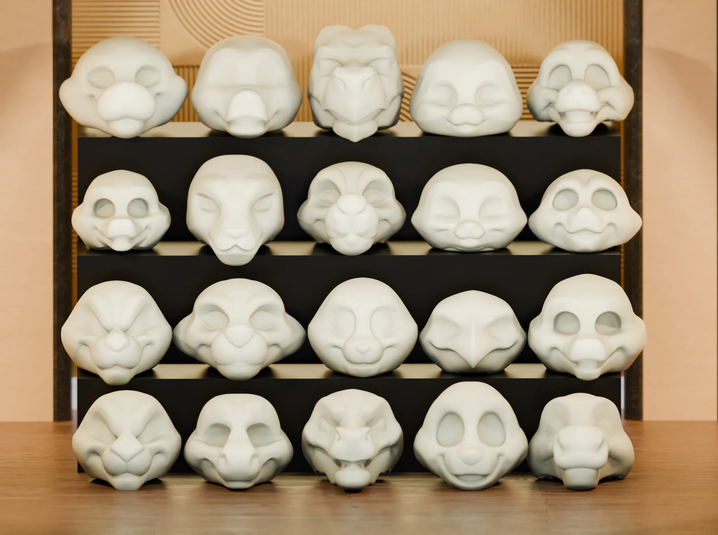 A render of 12 white foam head bases arranged on black shelves, with a wooden background.