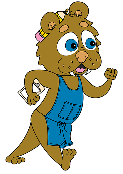 Cartoon lion wearing blue overalls, holding a clipboard, with a lion's mane on its head and a cheerful expression.