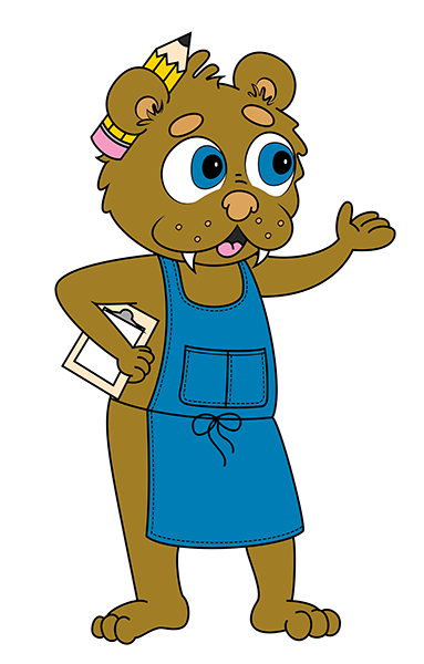 Cartoon bear wearing a blue apron, holding a clipboard, and gesturing with one arm.