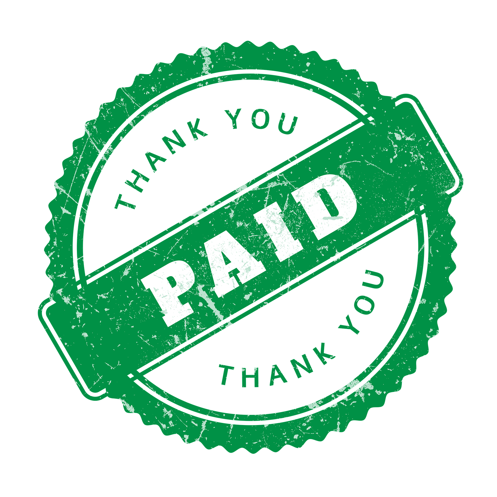 A green, distressed rubber stamp-style badge with the words "Paid" and "Thank You" in green and white