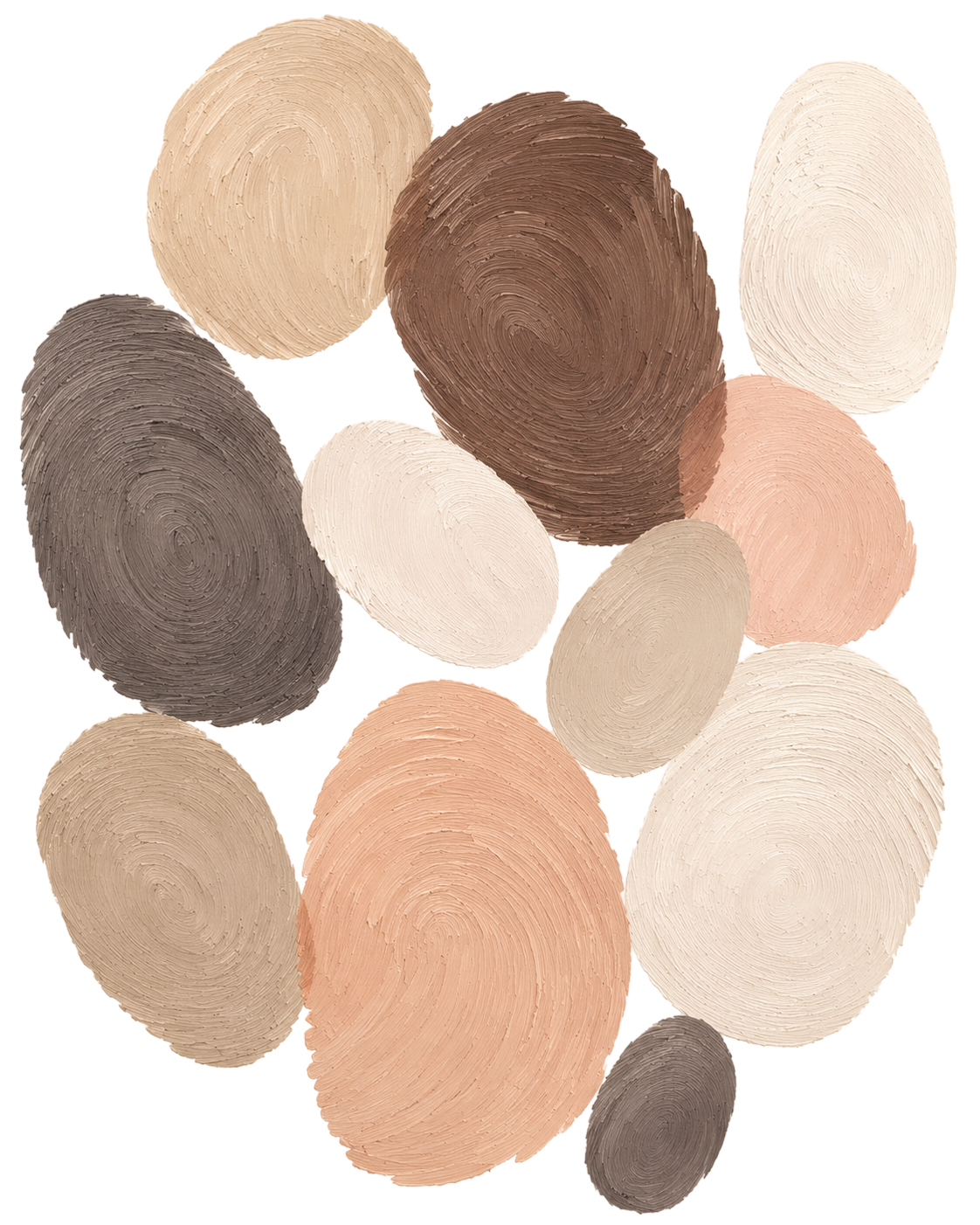 Collection of oval-shaped paint swatches in neutral tones, including beige, brown, gray, and pink.